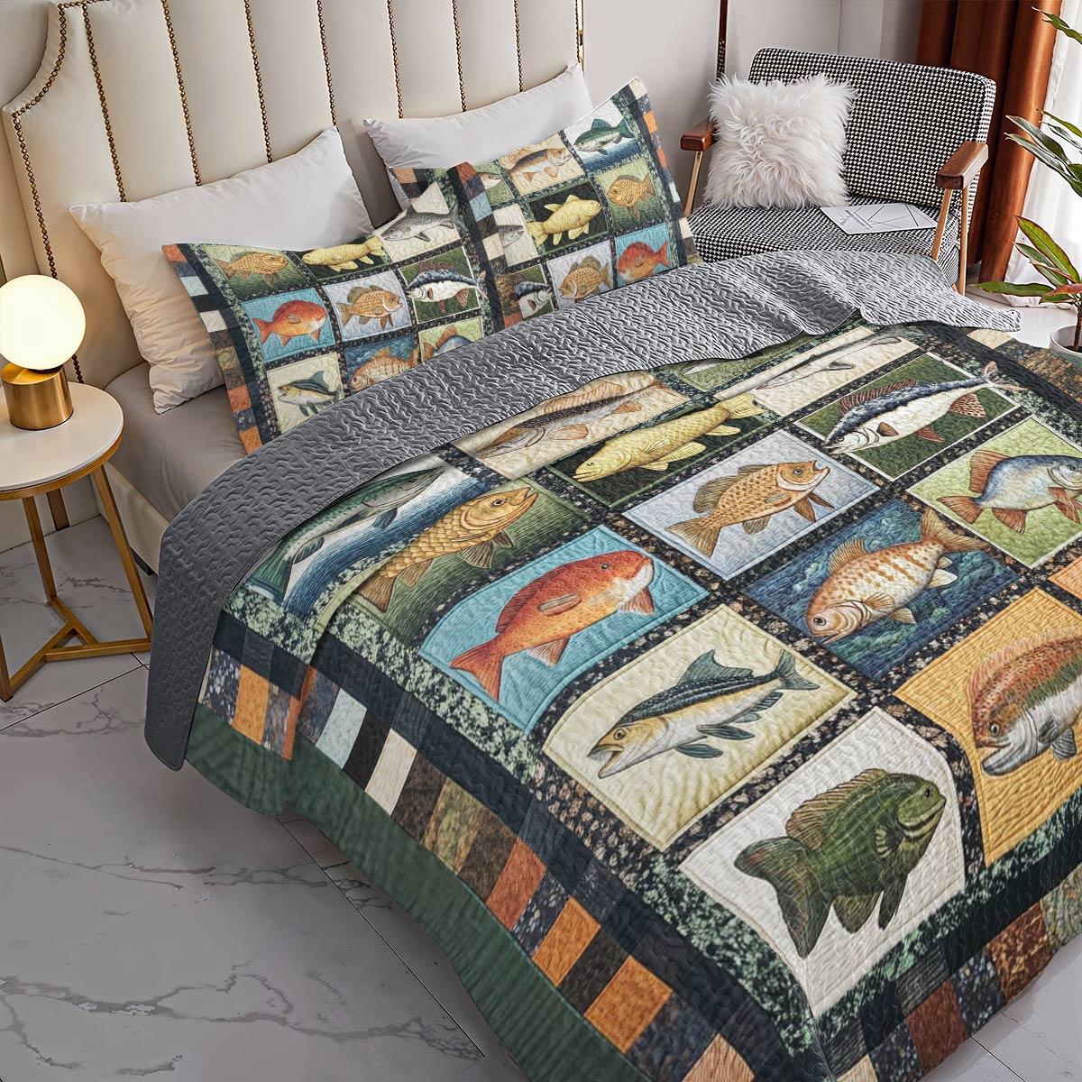 Shineful All Season Quilt 3-Piece Set Patchwork Fish