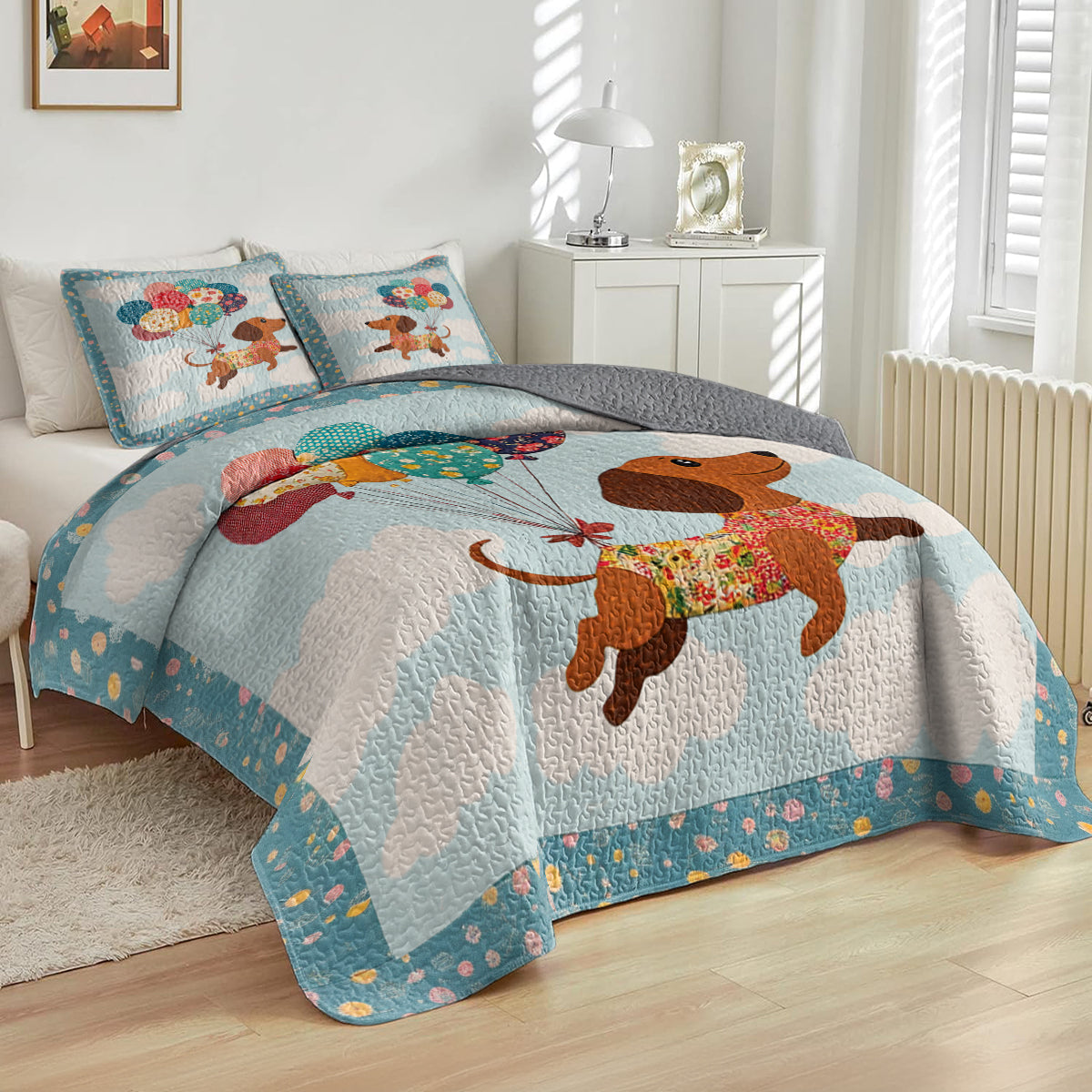 Shineful All Season Quilt 3-Piece Set Dachshund Balloon Ride