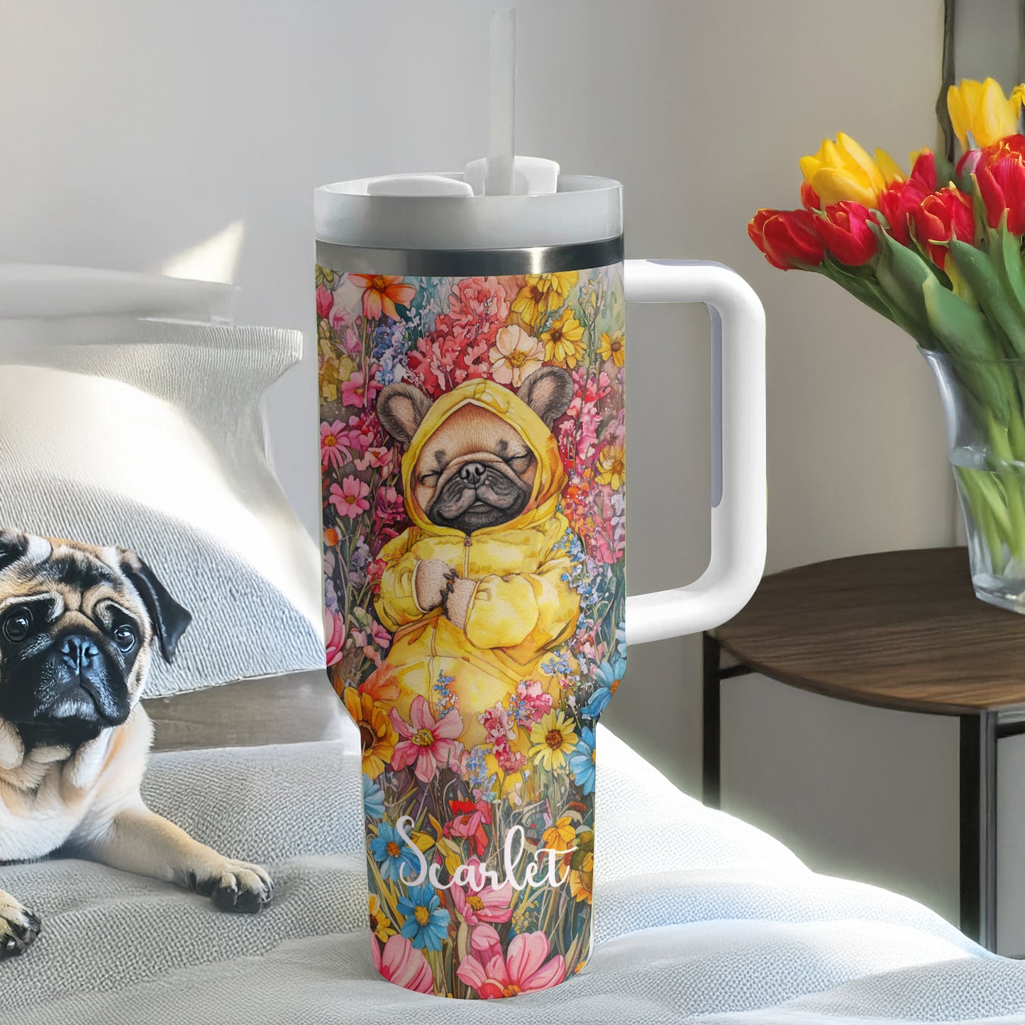 Shineful Personalized Tumbler Floral Sleeping Pug