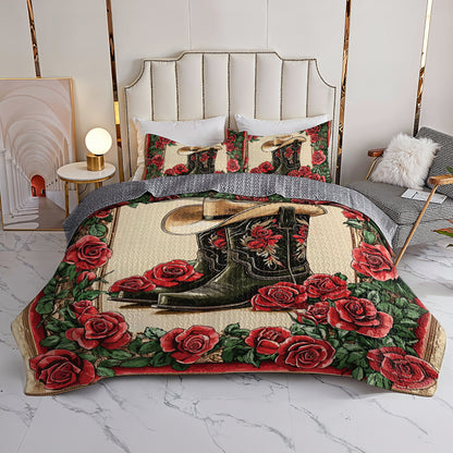 Shineful All Season Quilt 3-Piece Set Cowboy Boots And Roses