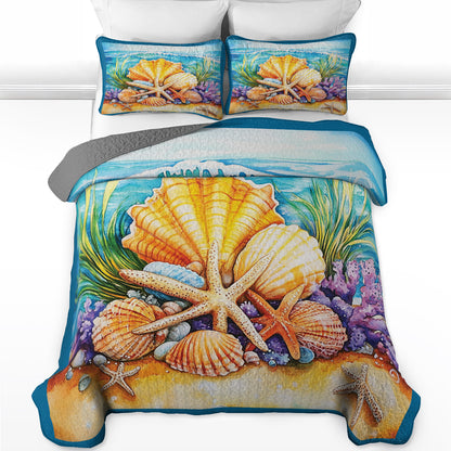 Shineful All Season Quilt 3-Piece Set Seashells On The Beach