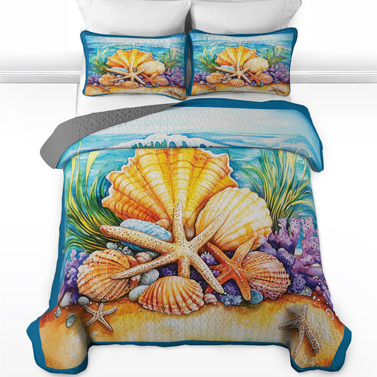 Shineful All Season Quilt 3-Piece Set Seashells On The Beach