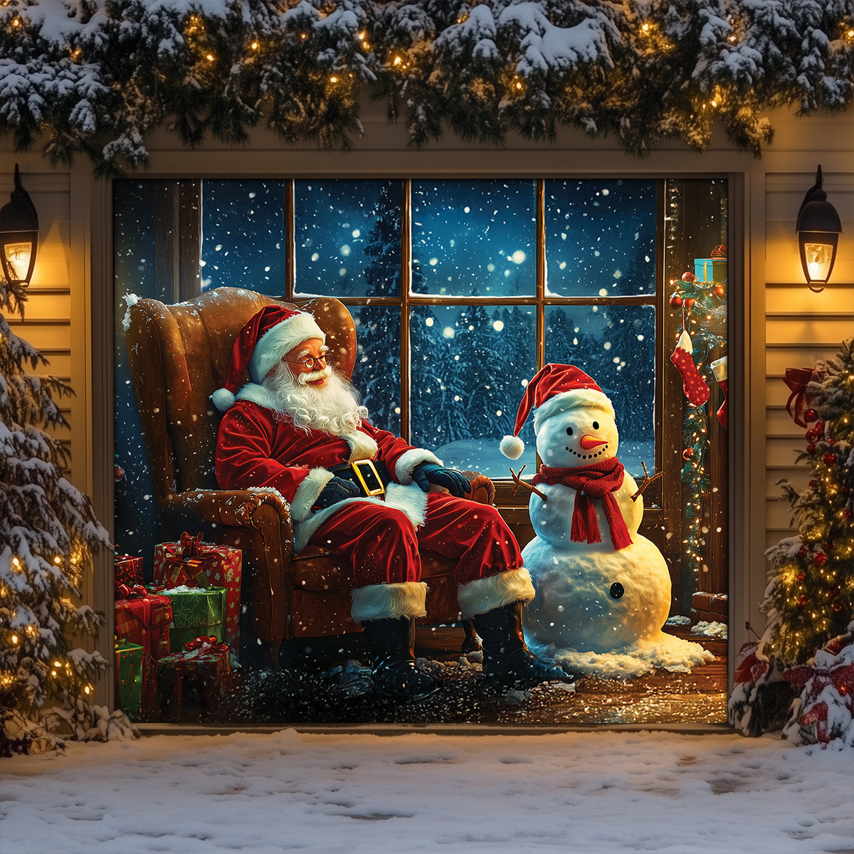 Shineful Garage Door Banner Decoration Snowy Night With Santa Claus