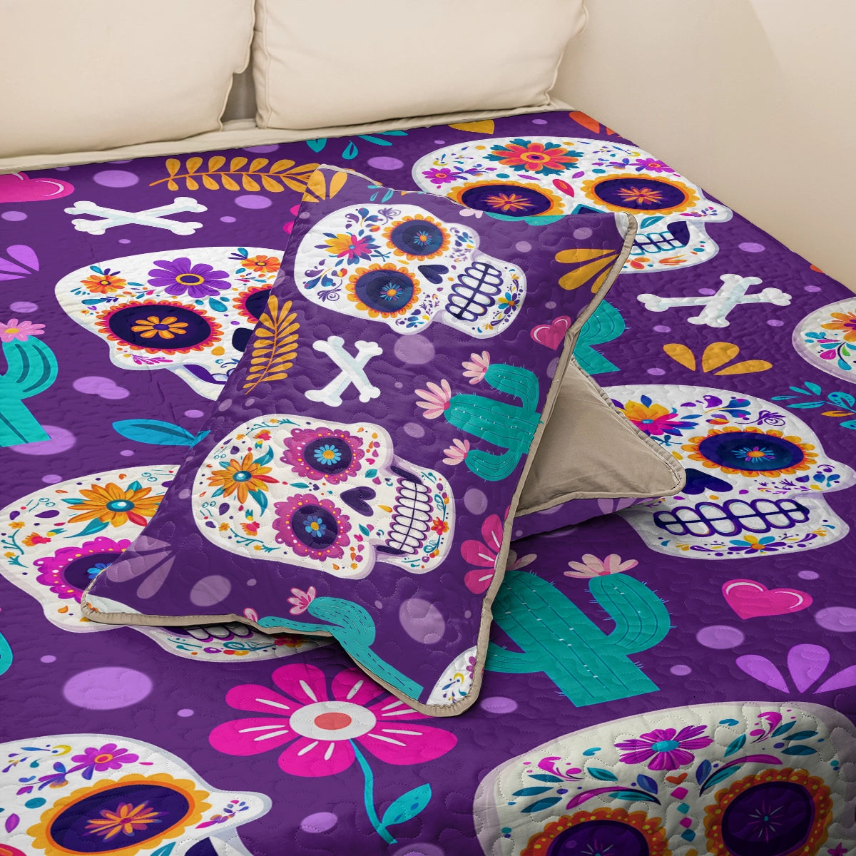 Shineful All Season Quilt 3-Piece Set - Vibrant Skull Fiesta