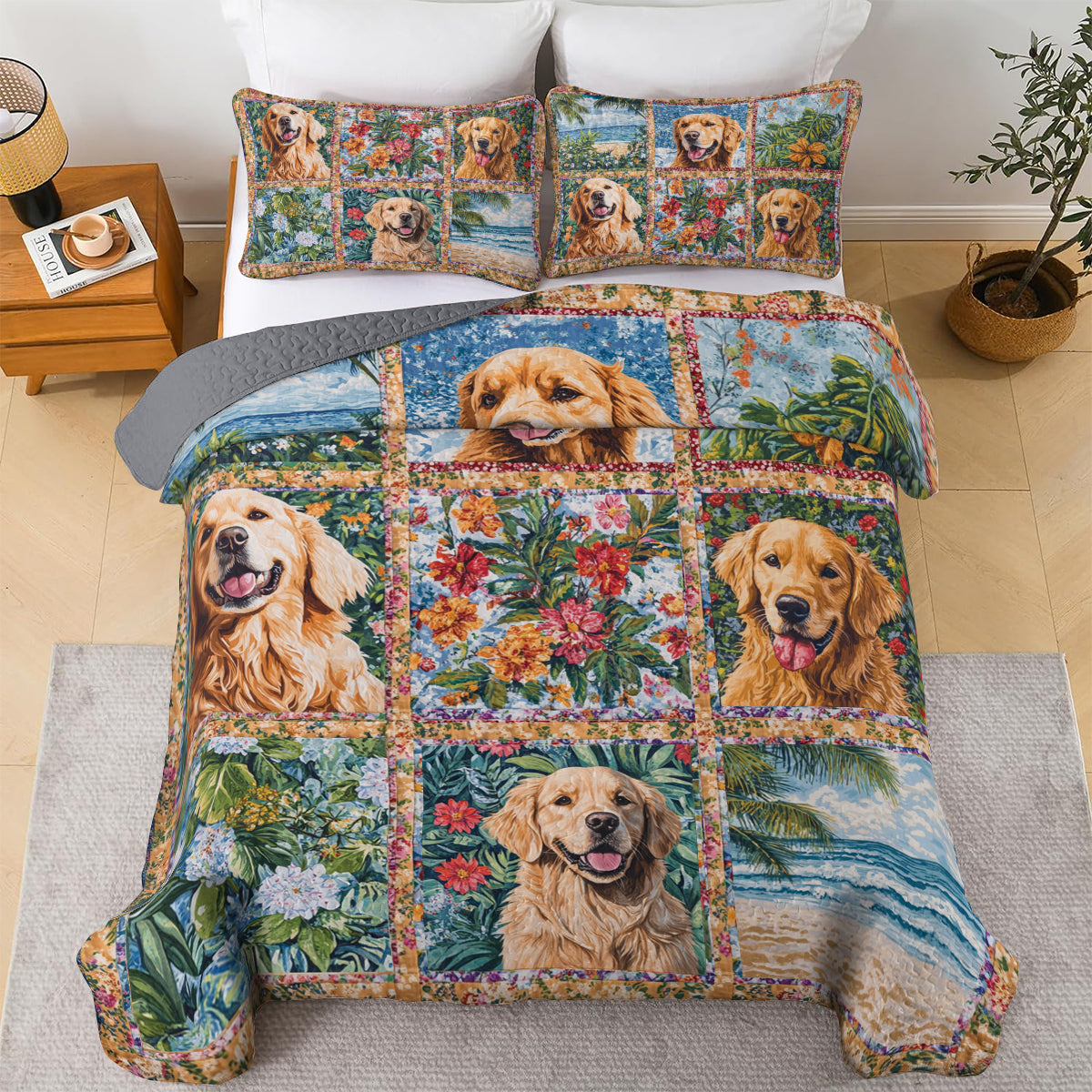 Shineful All Season Quilt 3-Piece Set  Golden Retriever Beach & Floral