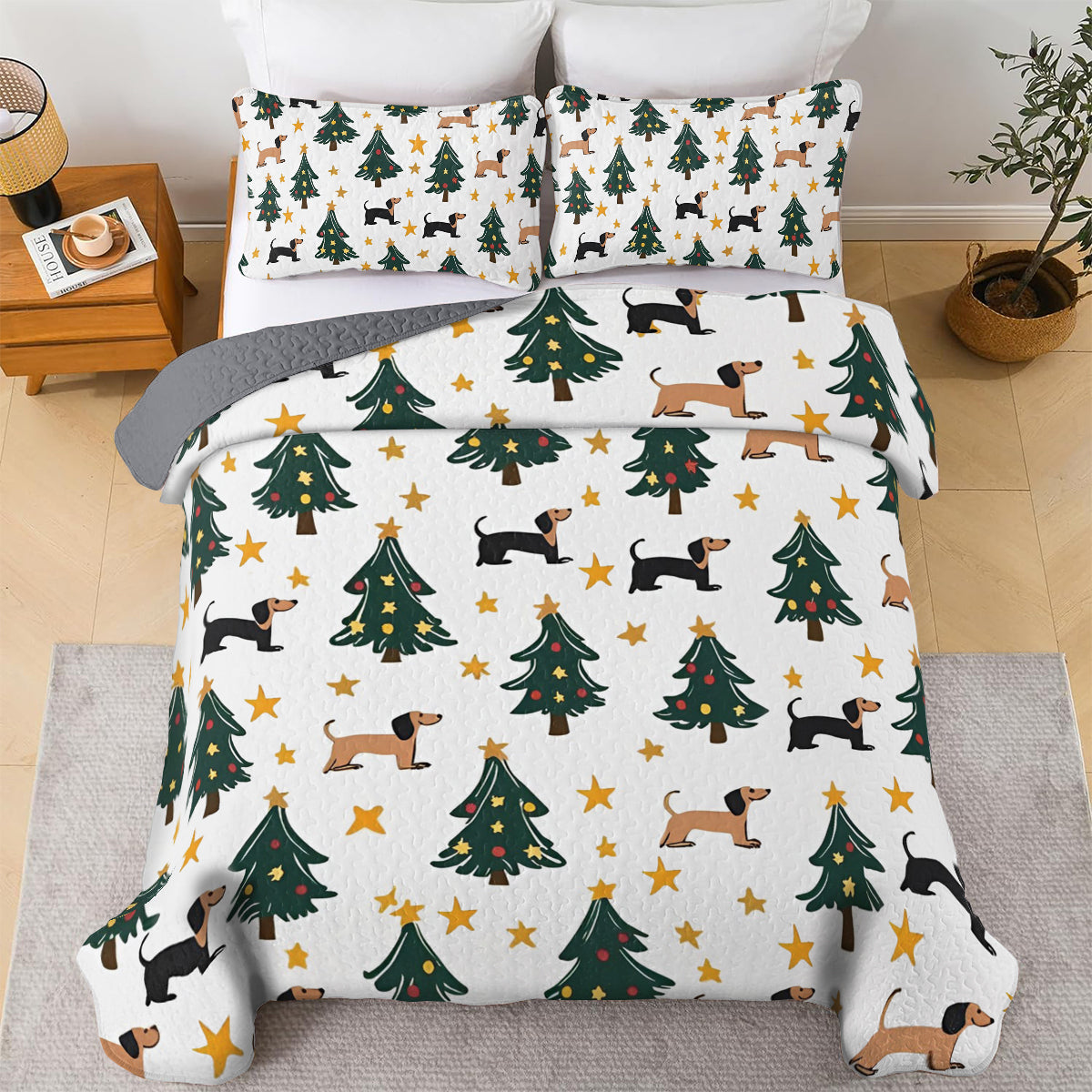 Shineful All Season Quilt 3-Piece Set Dachshund And Christmas Tree