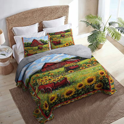 Shineful All Season Quilt 3-Piece Set - Barn and Sunflowers Quilt