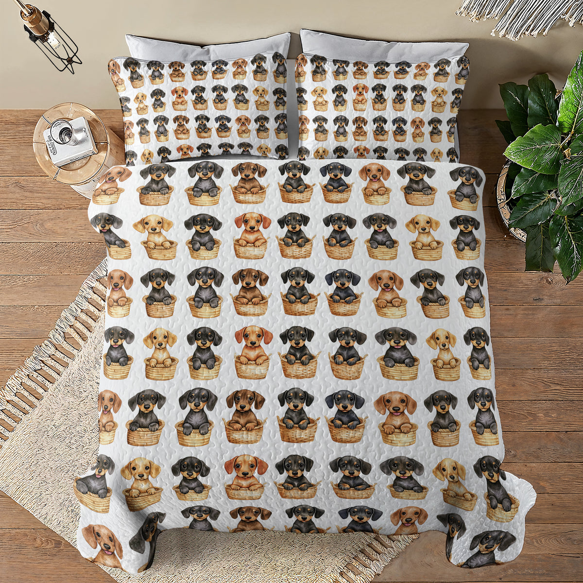 Shineful All Season Quilt 3-Piece Set Cute Dachshund In Basket V1