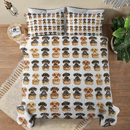 Shineful All Season Quilt 3-Piece Set Cute Dachshund In Basket V1