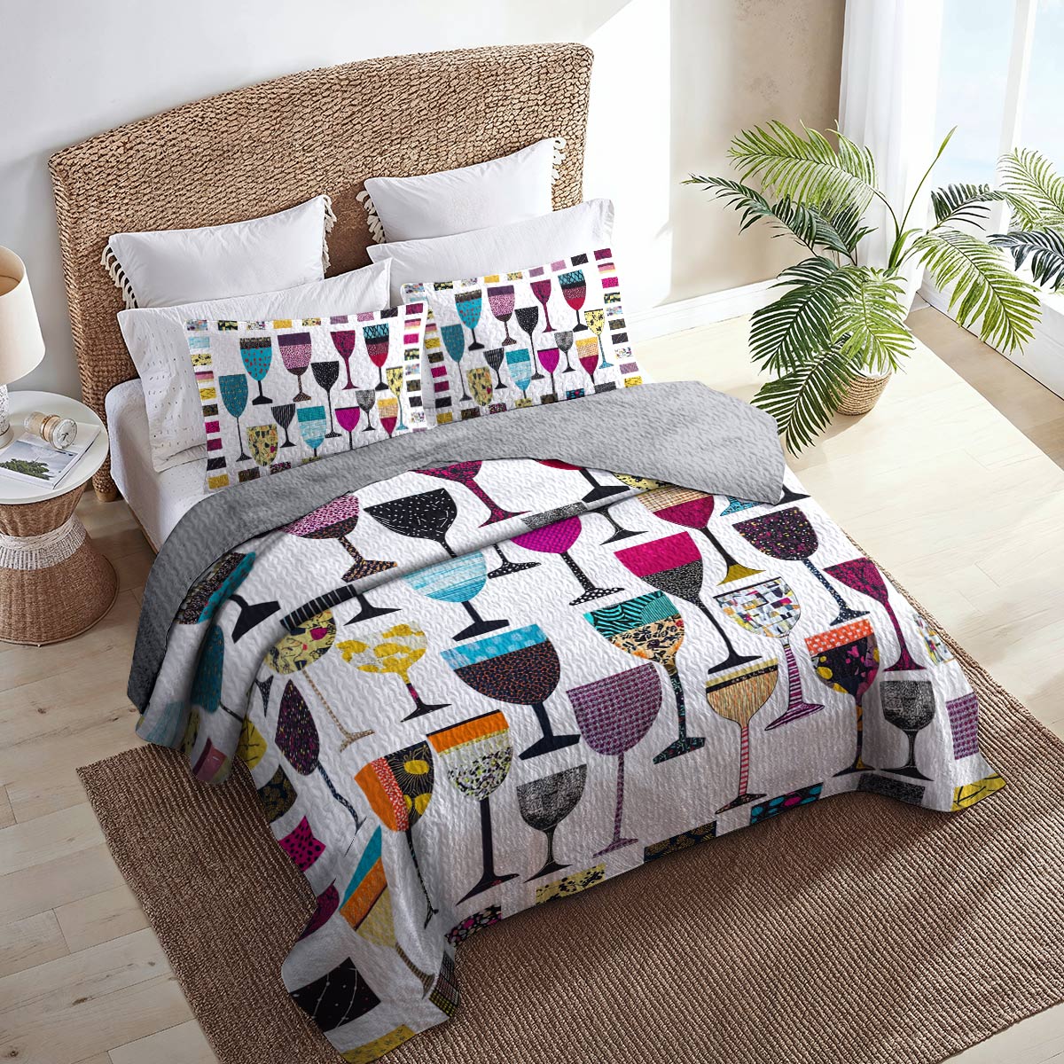 Shineful All Season Quilt 3-Piece Set Colorful Wine Glasses