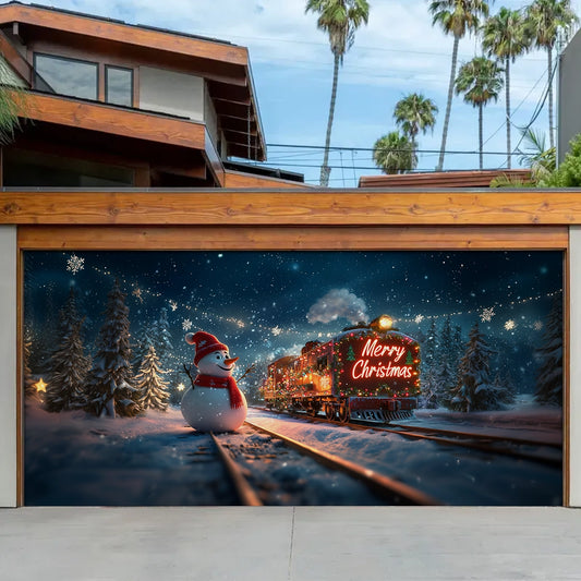 Shineful Garage Door Banner Decoration Snowy Christmas Train Journey