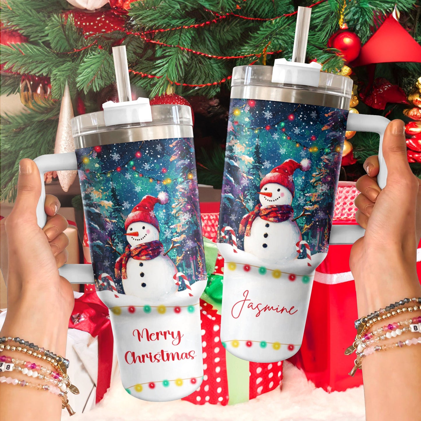 Shineful Tumbler Personalized Snowman Under Christmas Light