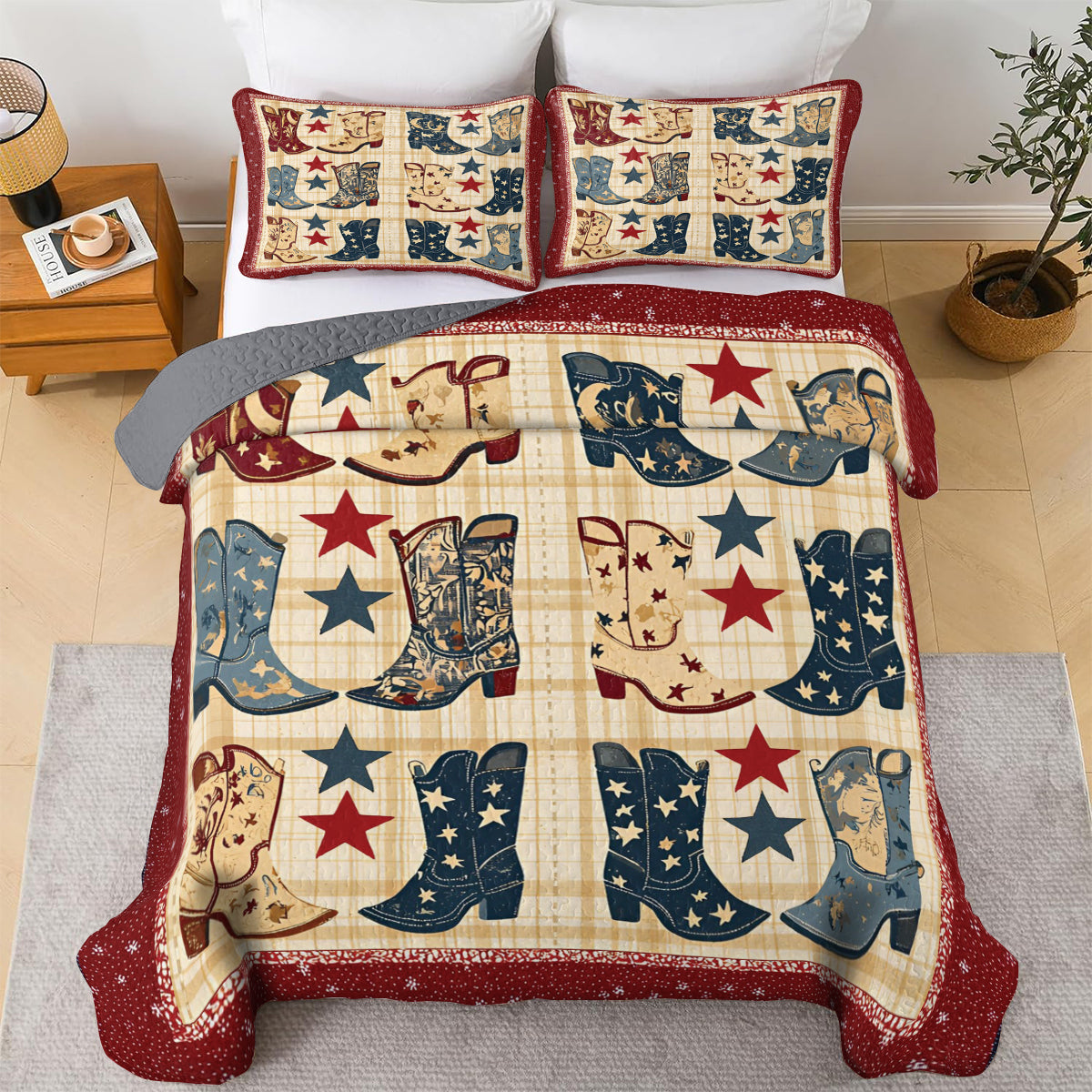 Shineful All Season Quilt 3-Piece Set Vintage Cowboy Boots