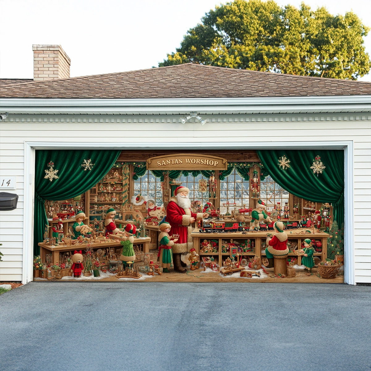 Shineful Garage Door Banner Decoration Santa’s Emerald Toy Workshop