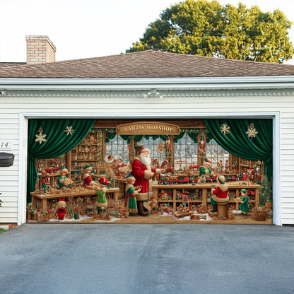 Shineful Garage Door Banner Decoration Santa’s Emerald Toy Workshop