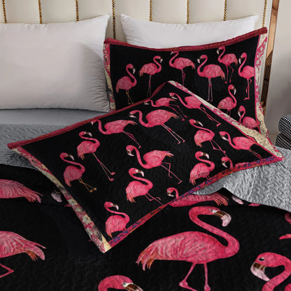 Shineful All Season Quilt 3-Piece Set - Black & Pink Flamingo Chic