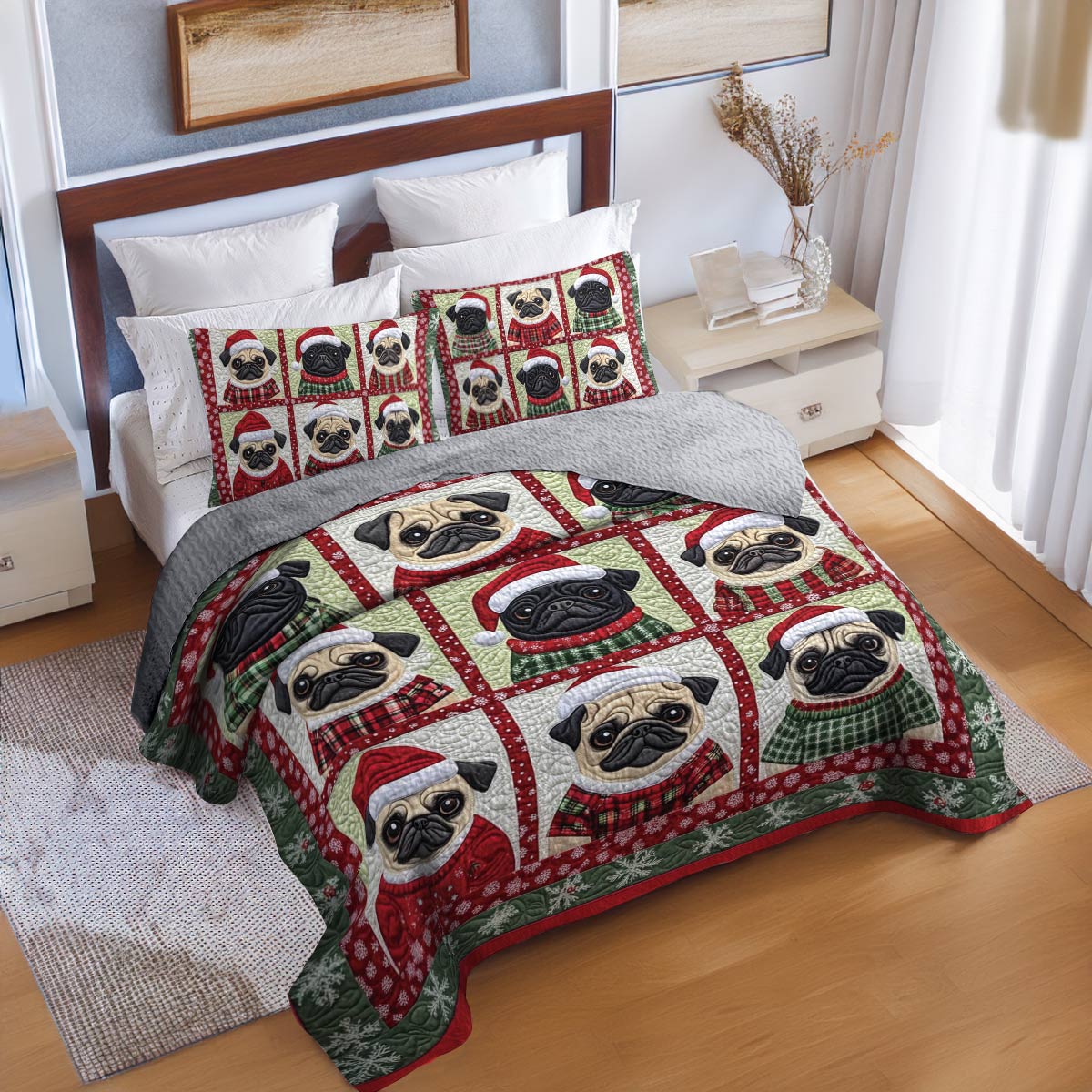 Shineful All Season Quilt 3-Piece Set Festive Pugs