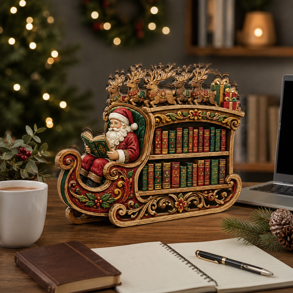 Shineful Santa Sleigh Bookshelf Custom Shape Wooden Block