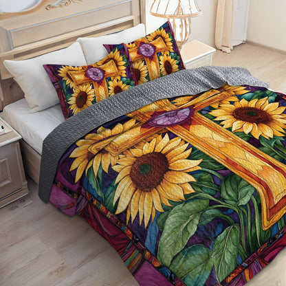 Shineful All Season Quilt 3-Piece Set Stained Sunflower Glass Cross
