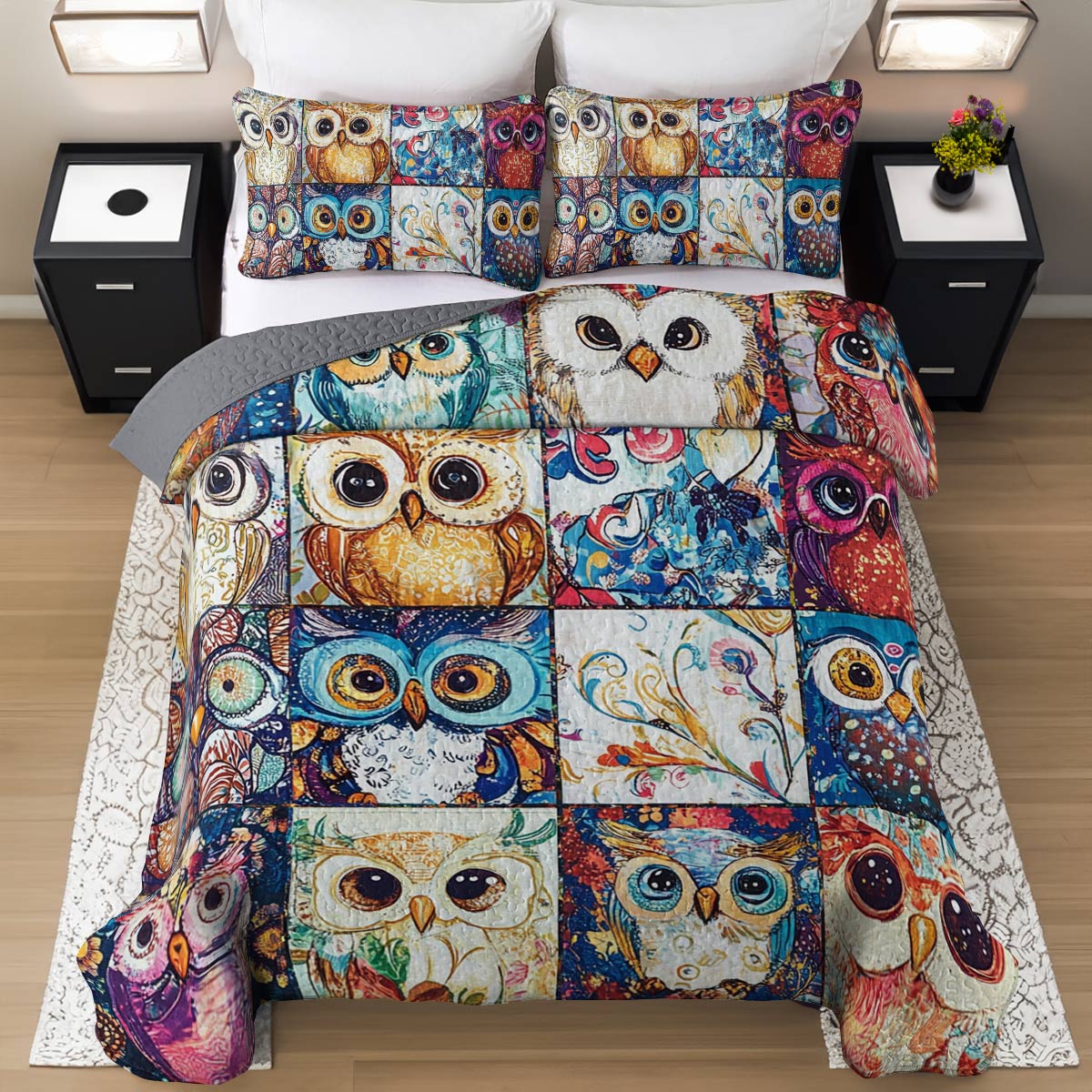 Shineful All Season Quilt 3-Piece Set Cute Colorful Owls