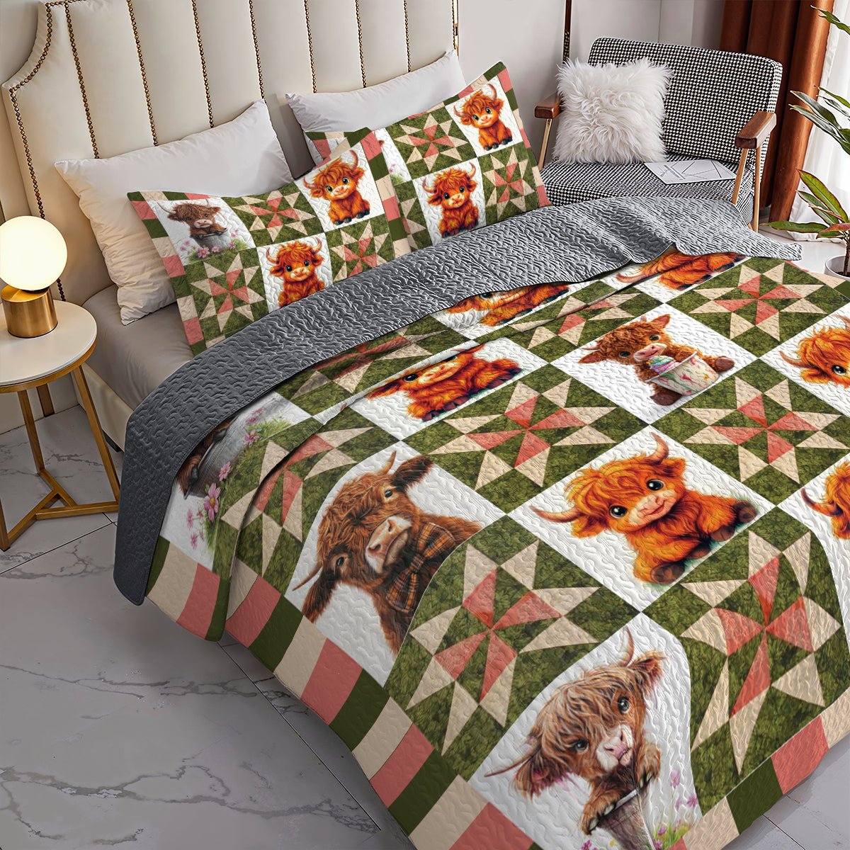 Shineful All Season Quilt 3-Piece Set Cute Highland Cow
