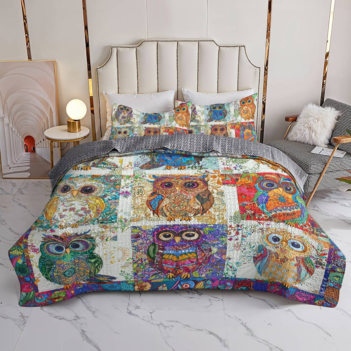 Shineful All Season Quilt 3-Piece Set Owl Damask Pattern