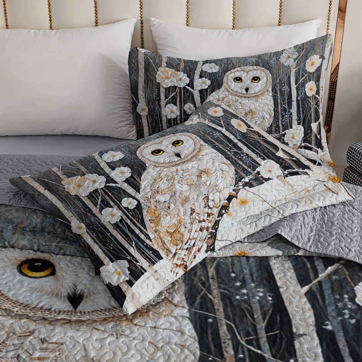 Shineful Flat Print All Season Quilt 3-Piece Set Charming Owl White Flowers Winter
