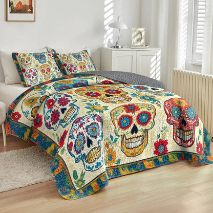 Shineful All Season Quilt 3-Piece Set Floral Skull Dreams Halloween