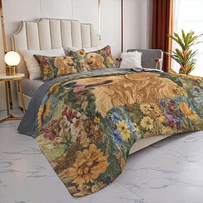 Shineful All Season Quilt 3-Piece Set Golden Retriever Floral Bliss