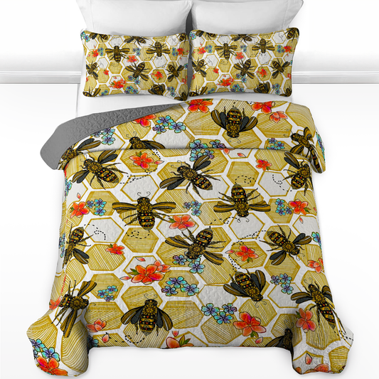Shineful All Season Quilt 3-Piece Set Bee And Flower Pattern
