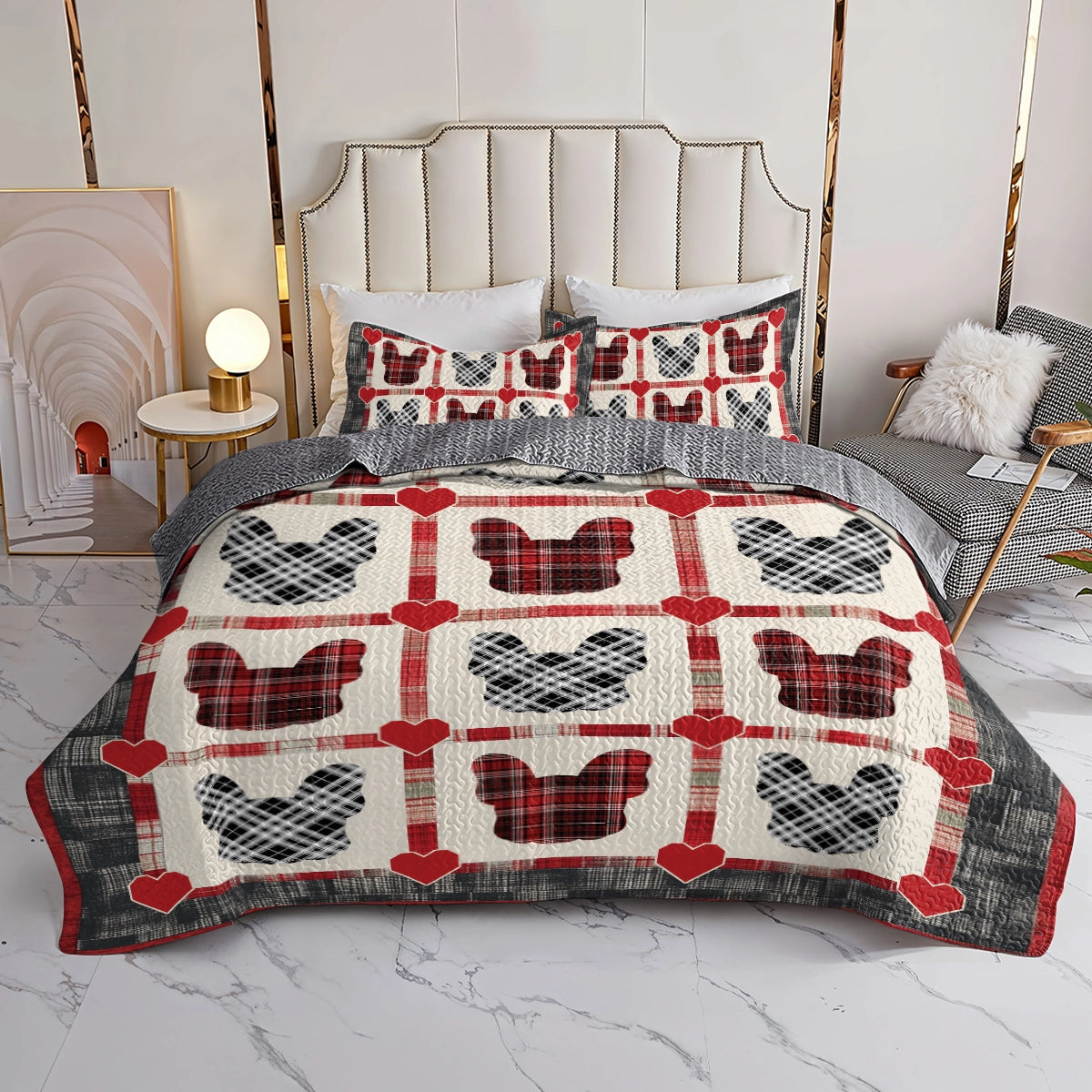 Shineful All Season Quilt 3-Piece Set French Bulldog Love Plaid