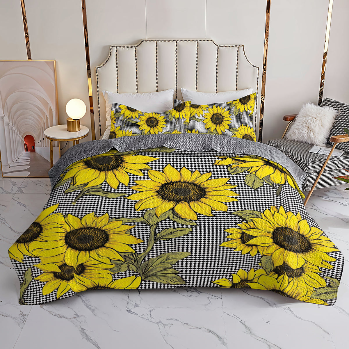 Shineful All Season Quilt 3-Piece Set Classic Sunflower And Plaid Pattern