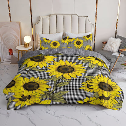 Shineful All Season Quilt 3-Piece Set Classic Sunflower And Plaid Pattern