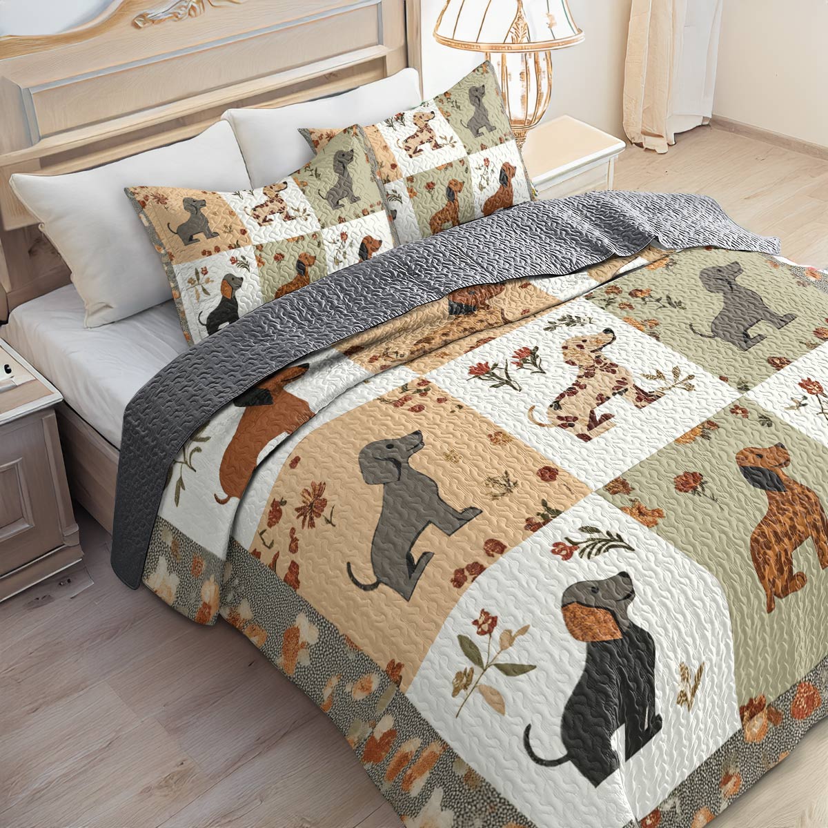 Shineful All Season Quilt 3-Piece Set - Vintage Floral Dachshund