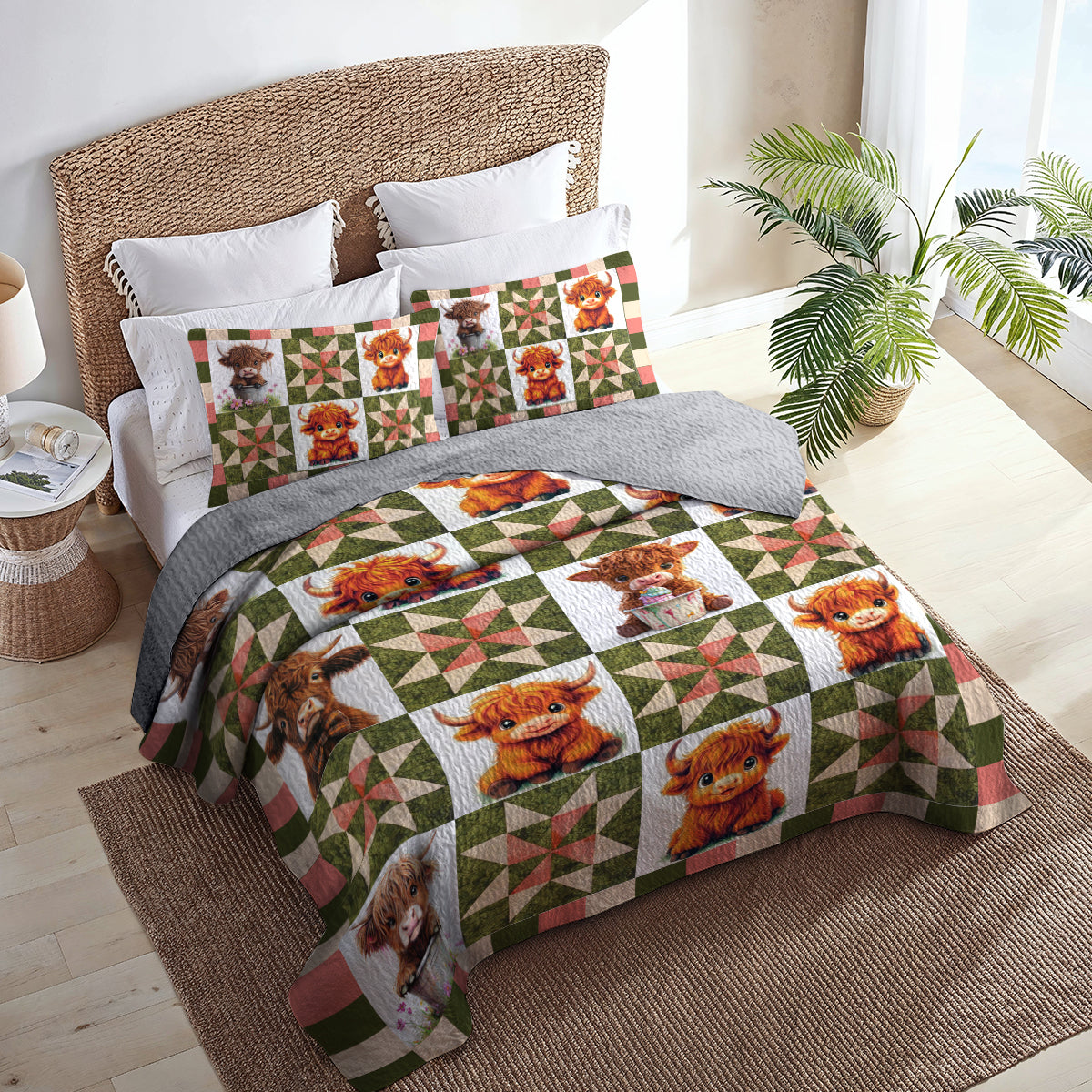 Shineful All Season Quilt 3-Piece Set Cute Highland Cow