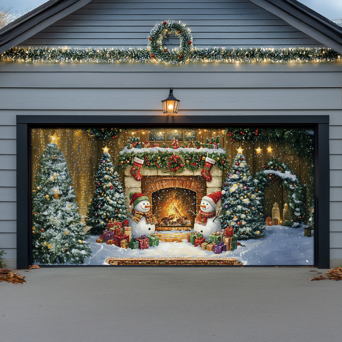 Shineful Garage Door Banner Decoration - Cozy Snowman by the Hearth