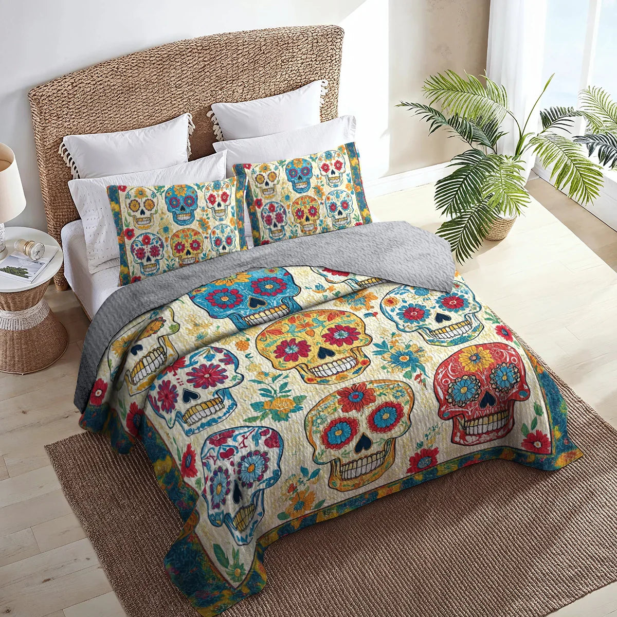 Shineful All Season Quilt 3-Piece Set Floral Skull Dreams Halloween