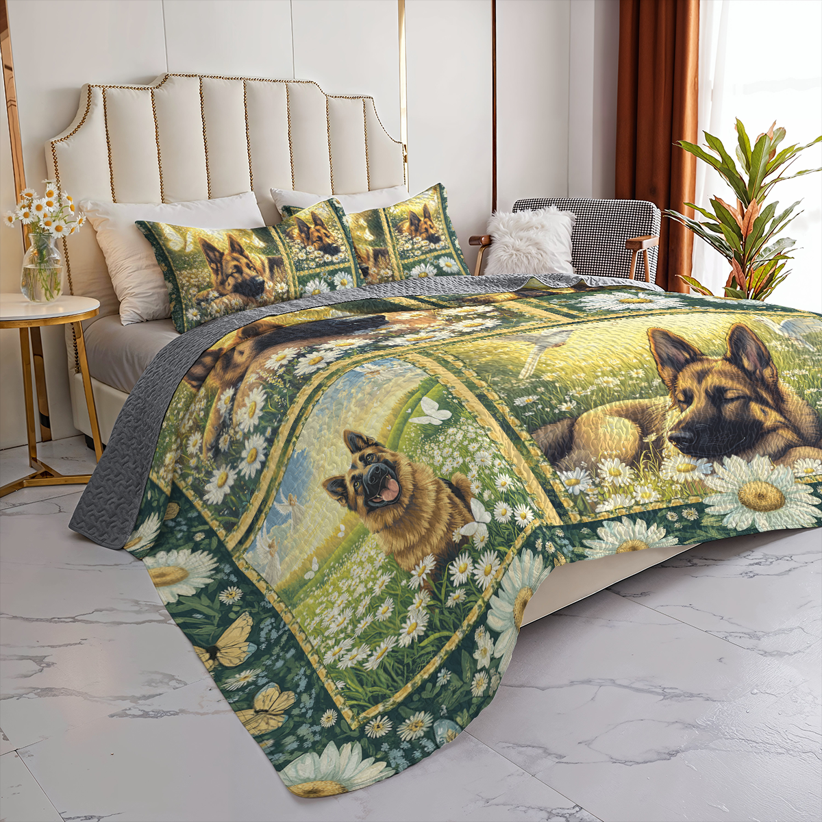 Shineful All Season Quilt 3-Piece Set Dreaming In Daisies German Shepherd