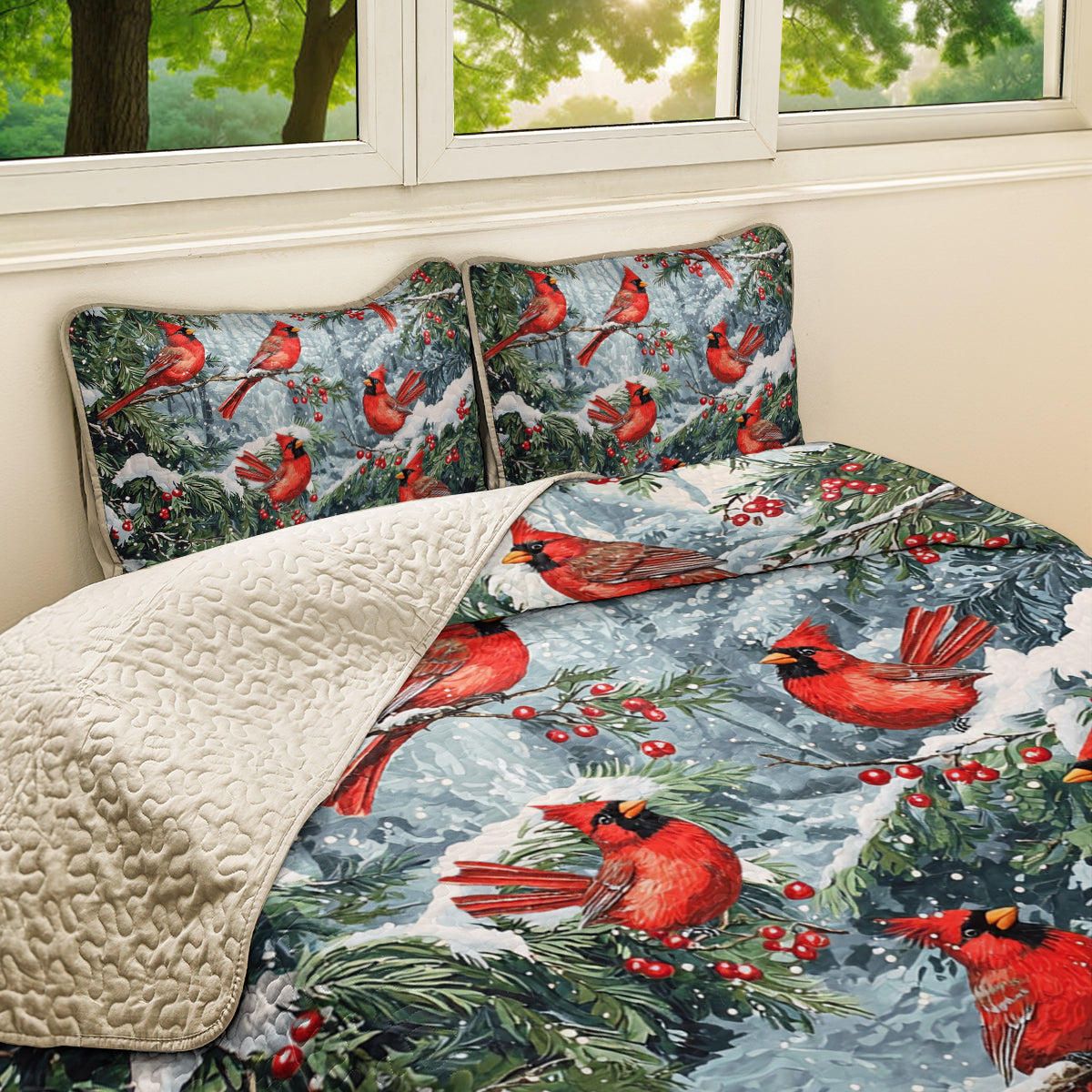 Shineful All Season Quilt 3-Piece Set Winter Cardinal Wonderland