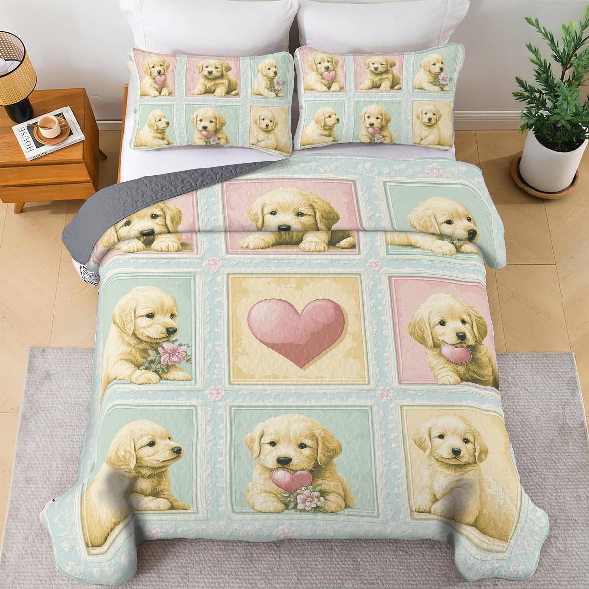 Shineful All Season Quilt 3-Piece Set - Golden Retriever Puppy Love