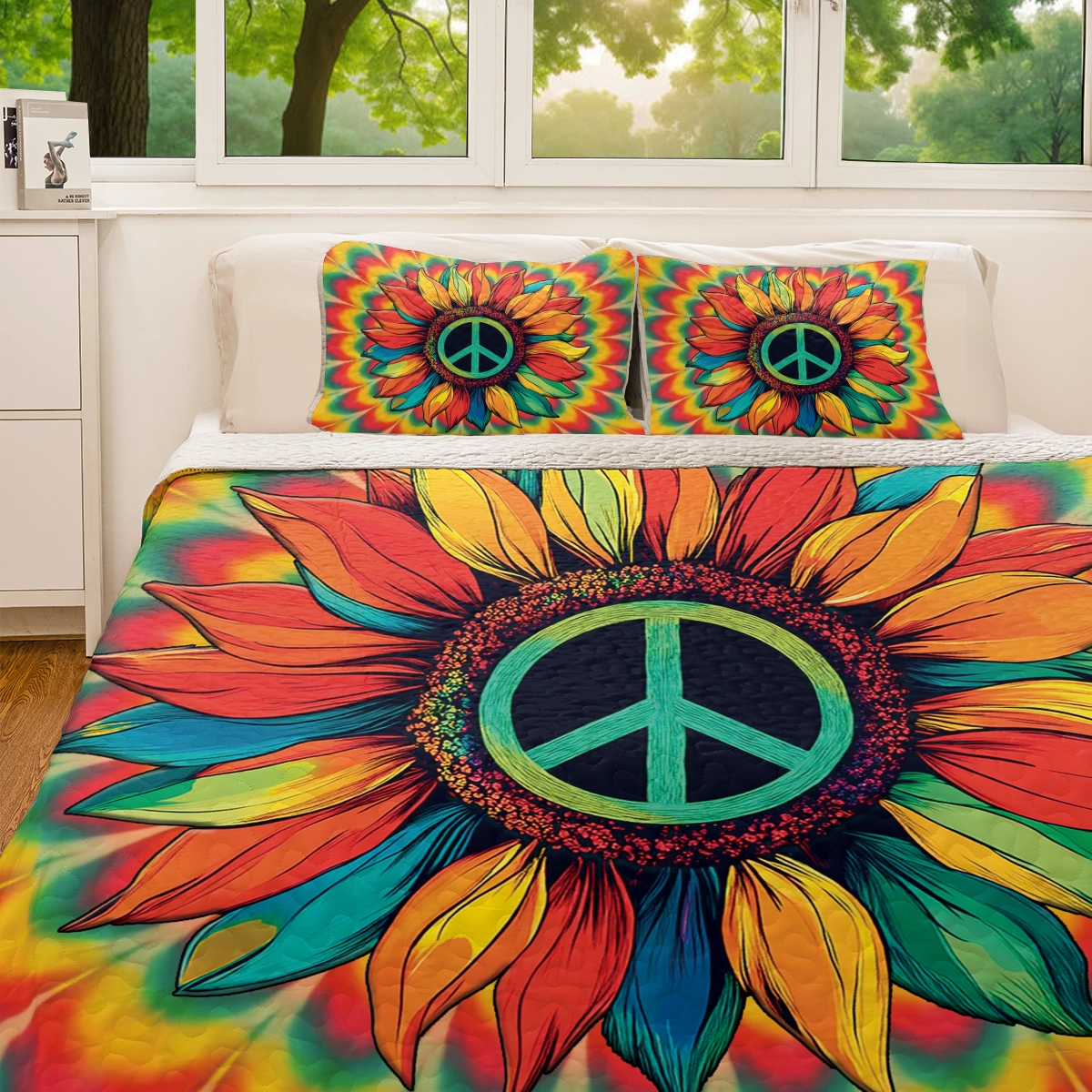 Shineful All Season Quilt 3-Piece Set - Hippie Peace & Love Sunflower