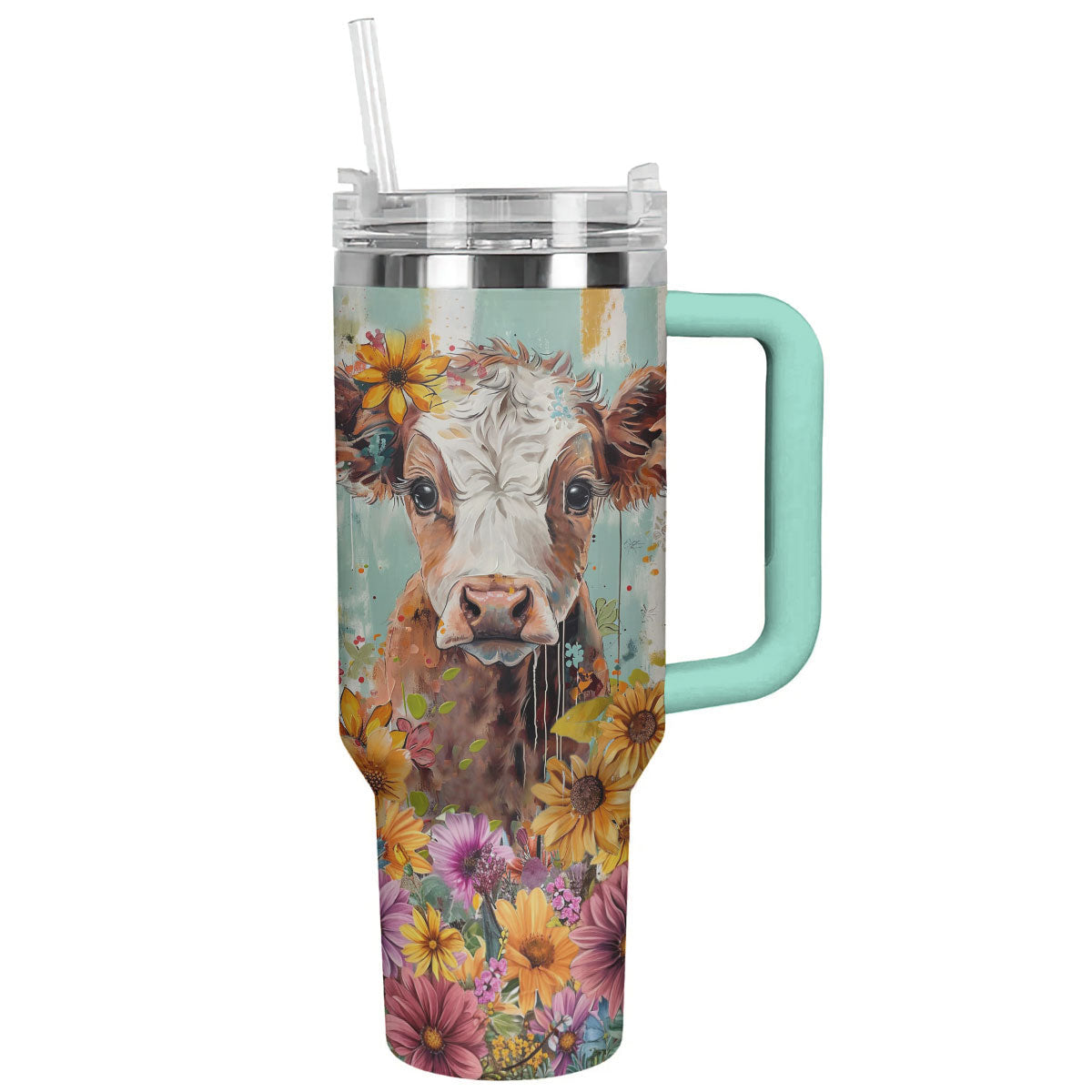 Cow 40 Oz Shineful™ Tumbler Floral Ver2 Lk8 Turquoise Blue 40Oz