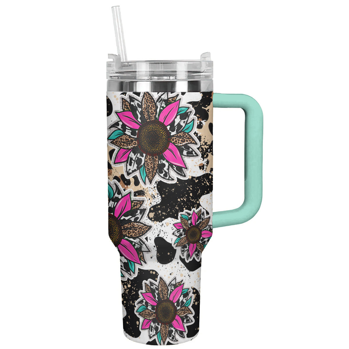 Cow 40 Oz Shineful™ Leopard Cowhide Sunflowers Lk8 Turquoise Blue 40Oz Tumbler