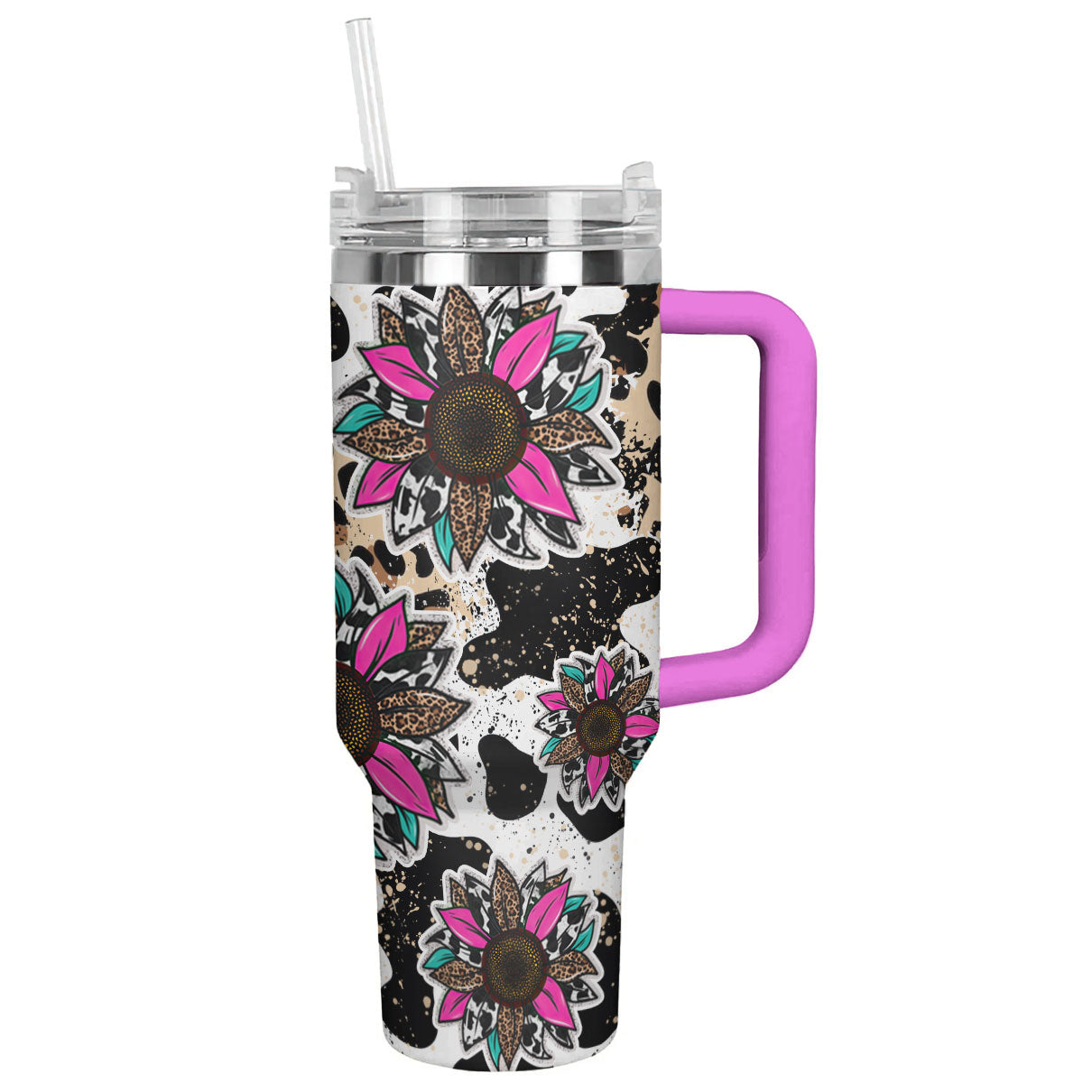 Cow 40 Oz Shineful™ Leopard Cowhide Sunflowers Lk8 Hot Pink 40Oz Tumbler
