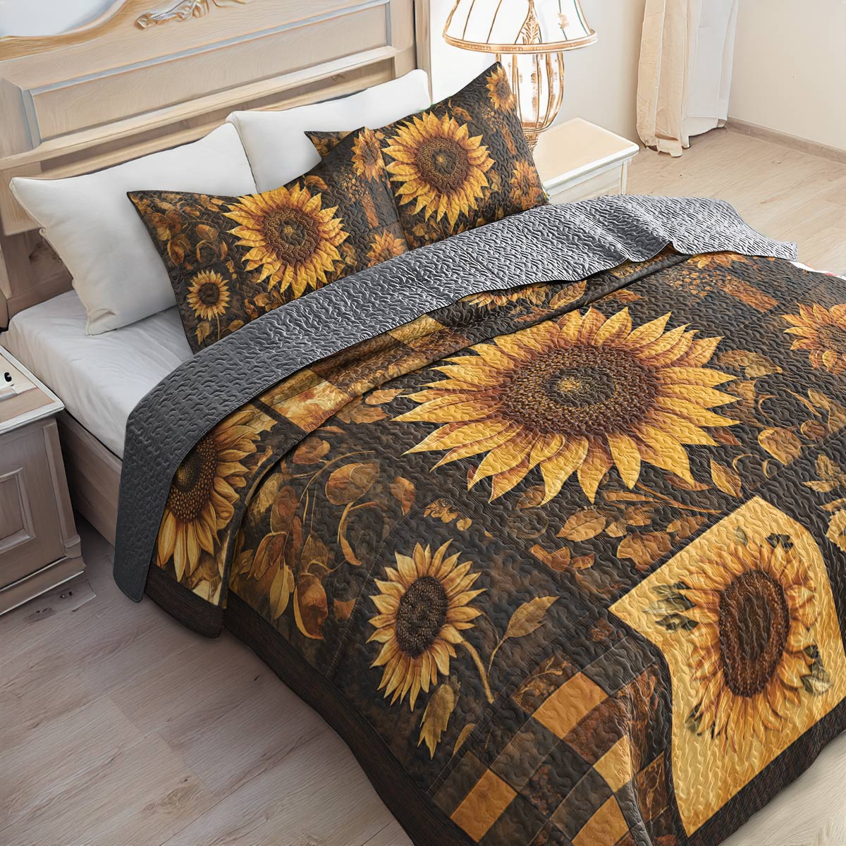 Shineful All Season Quilt 3-Piece Set - Sunflower Golden Sunburst Patchwork