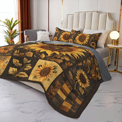 Shineful All Season Quilt 3-Piece Set - Sunflower Golden Sunburst Patchwork