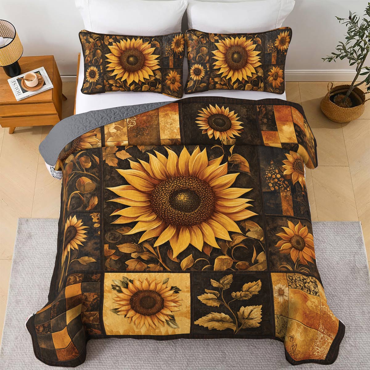 Shineful All Season Quilt 3-Piece Set - Sunflower Golden Sunburst Patchwork