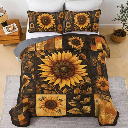 Shineful All Season Quilt 3-Piece Set - Sunflower Golden Sunburst Patchwork