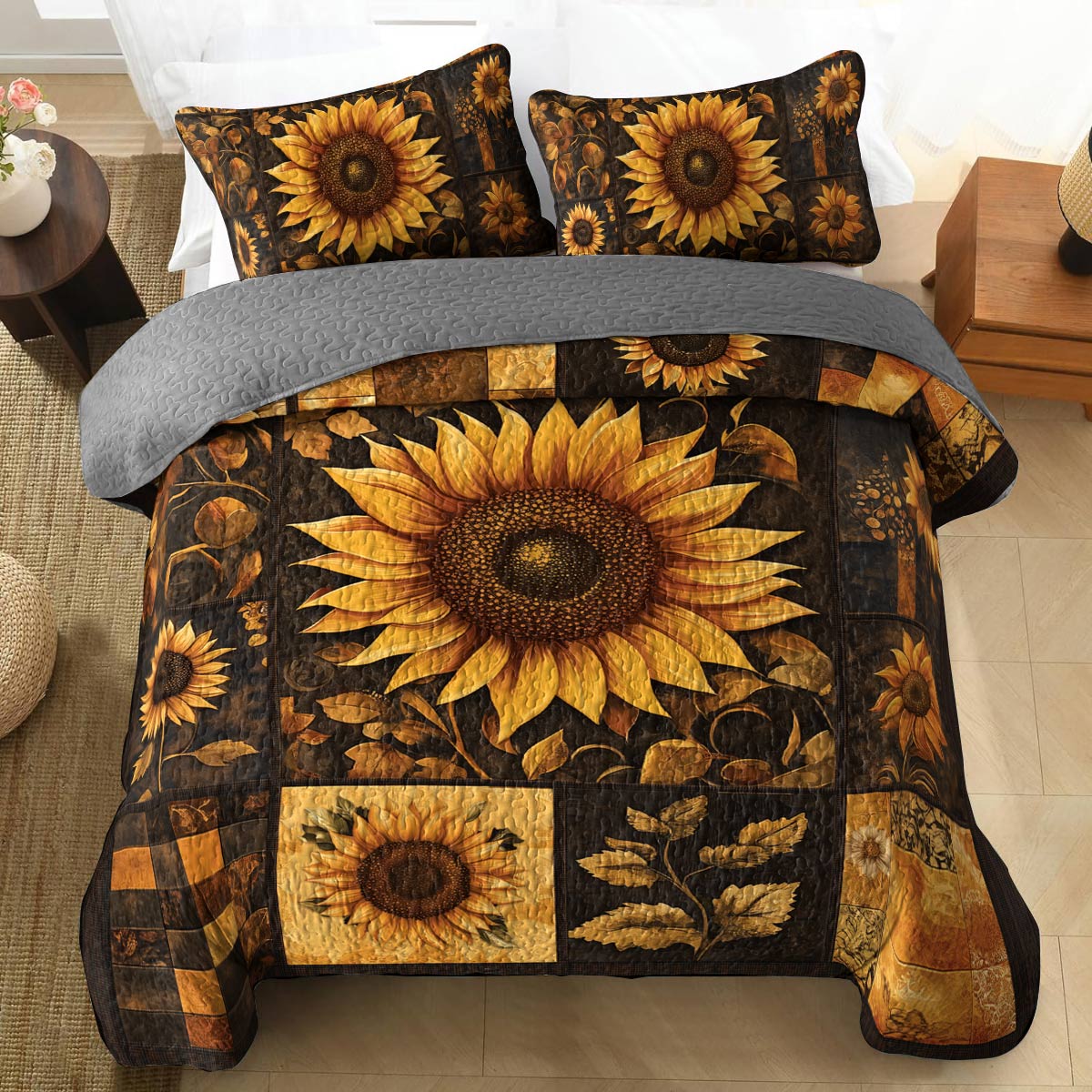Shineful All Season Quilt 3-Piece Set - Sunflower Golden Sunburst Patchwork