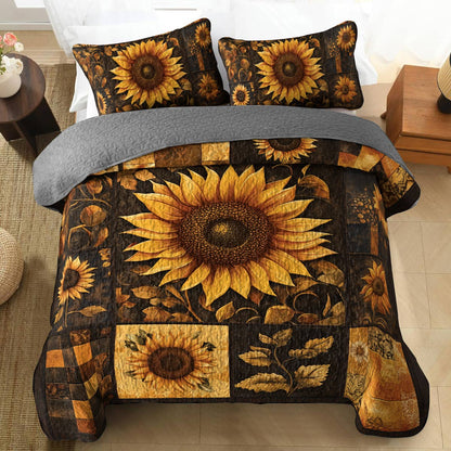 Shineful All Season Quilt 3-Piece Set - Sunflower Golden Sunburst Patchwork